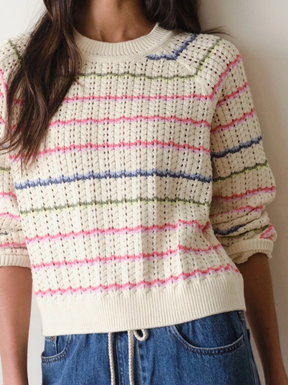 Marine Layer Cream Cable-Knit Crew Sweater with Pink, Blue & Green Stripes
